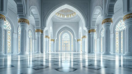 Grand Islamic palace interior with arches, columns, and stained glass windows.