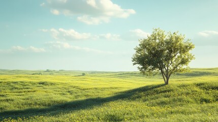 Green grass field lawn with tree and yellow sunlight against blue sky. Green Meadows Beautiful Journey Through Nature Great as a background, web banner