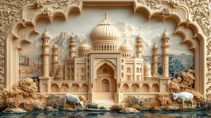 Intricate relief carving depicting a majestic palace, nestled in a serene landscape with grazing animals.