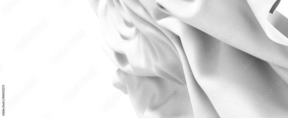 Poster closeup of a white fabric drape, with soft folds and shadows, creating an abstract and elegant patte