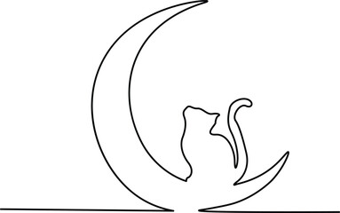Cat and Moon Continuous one line drawing icon vector