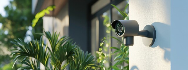 Une caméra de sécurité domestique montée sur un mur devant une maison moderne avec une fenêtre et des plantes. Concept de surveillance et de protection contre les activités criminelles.