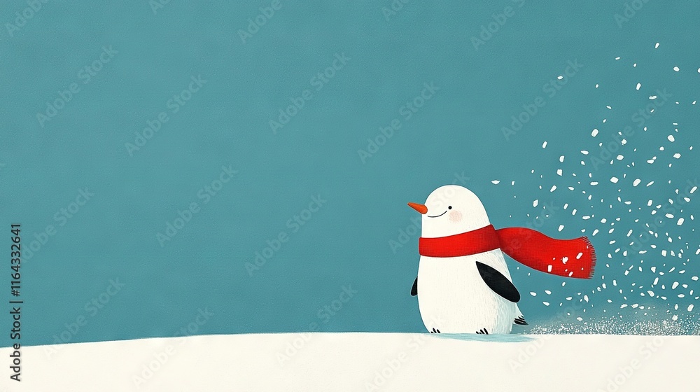 Poster penguin in red scarf with snowflake background