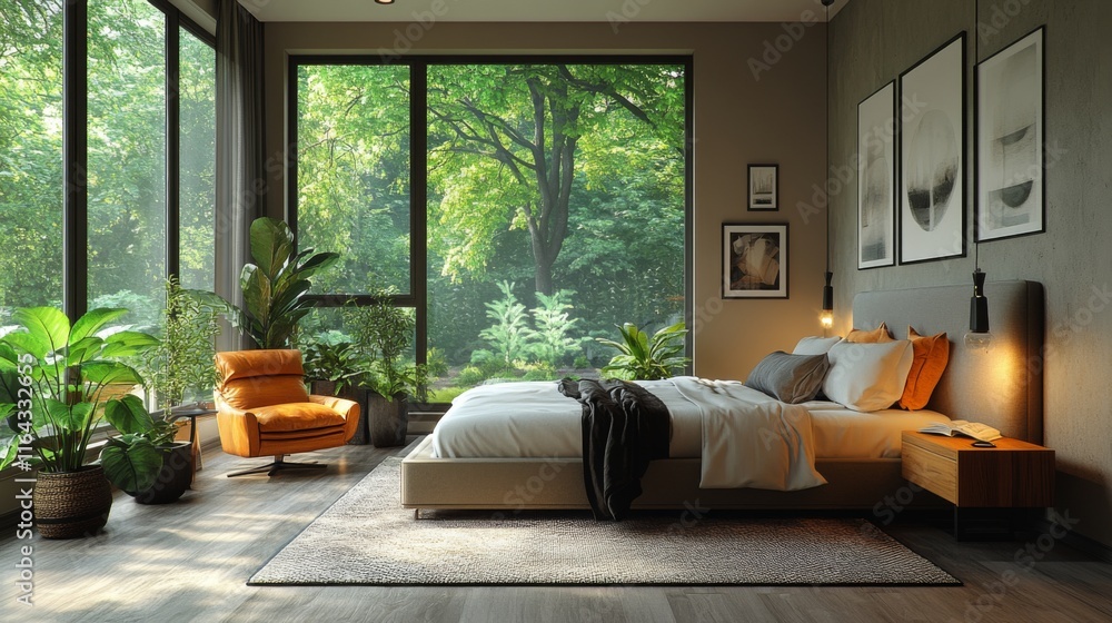 Aufkleber a well-designed bedroom featuring a comfortable bed and stylish furnishings. large windows illuminat
