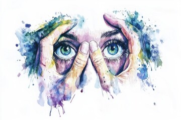 A watercolor painting of a woman's hands covering her eyes, possibly expressing surprise or disappointment