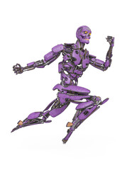 mega cyborg is jumping to punch in action like a super hero in white background