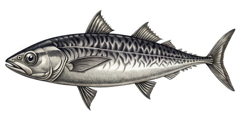 Obraz premium Vintage Style Black and White Engraving of Mackerel Fish, Detailed Outline, Marine Life Illustration, Retro Aesthetic, Perfect for Culinary Art, Nautical Decor, Seafood Enthusiasts, Classic Print