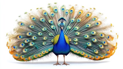 Majestic peacock with fully spread tail feathers, isolated on white.