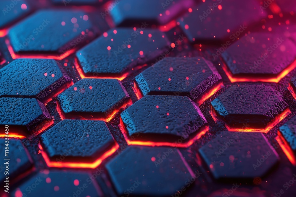 Poster futuristic hexagonal pattern with neon glow and textured surface