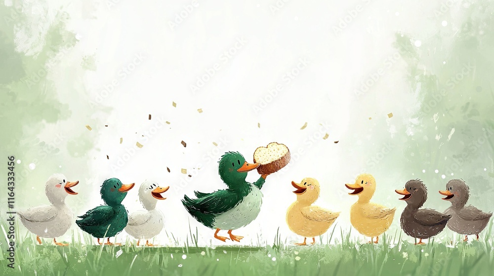 Poster a duck group resting on a green field surrounded by trees