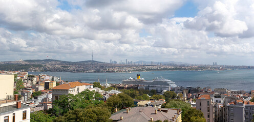 View of the Istanbul City of Turkey with Bosphorus and boats at bright sky at day