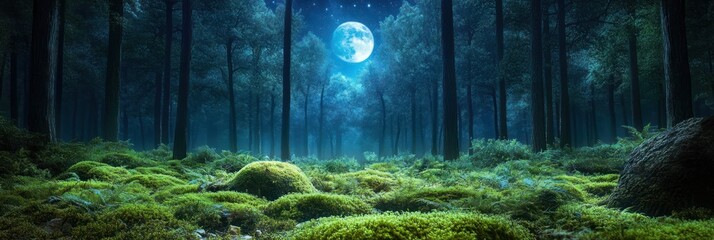 Moonlit Forest Scene With Lush Mossy Ground