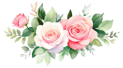 Fototapeta premium Watercolor Floral Corner Bouquet Frame with Pink Roses and Greenery for Elegant Designs, PNG Transparent Background