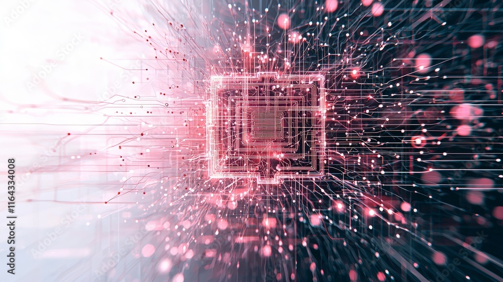 Poster futuristic digital abstraction illustrating data flow and connectivity through vibrant pink and blue
