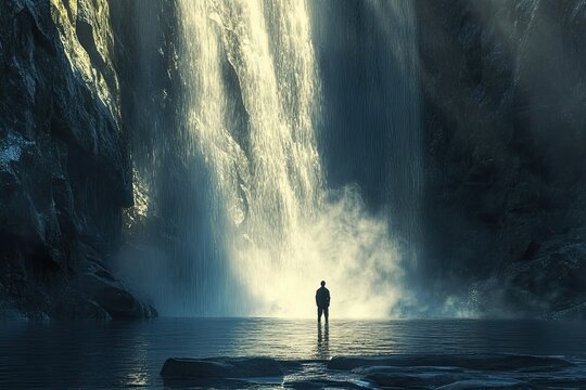 A solitary figure stands before a majestic waterfall - Powered by Adobe