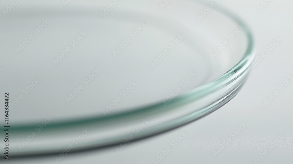 Poster close-up view of a glass plate on a table with a flat, smooth surface and a subtle reflection