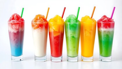 cups with rainbow colored slush ice drinks, row on white background