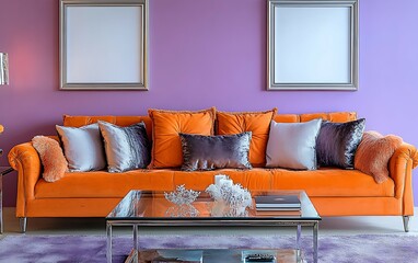 Orange sofa with pillows in modern living room, purple walls, glass coffee table.
