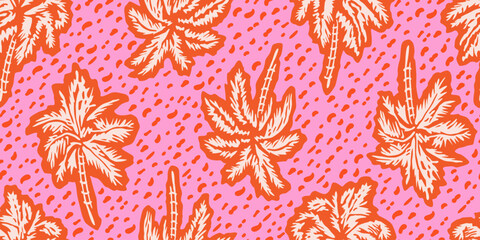 Tropical palm trees pattern with leopard background. Hawaii summer fashion for fabric, textiles, clothing, poster, cover, decoration, banner, wallpaper, interior decor. Vector illustration. © Udomdech