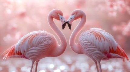 Naklejka premium Two flamingos forming a heart shape.