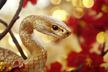 Fototapeta premium A close-up view of a snake resting on a branch, showcasing its texture and pattern