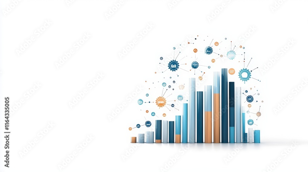 Poster modern data visualization with bars representing growth, metrics, and trends in a colorful digital d