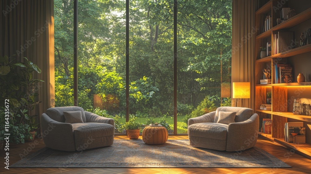 Poster soft sunlight filters through large windows, illuminating a cozy living area with two plush chairs. 