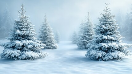 Fototapeta premium Snow-covered forest with evergreen trees in a misty landscape.