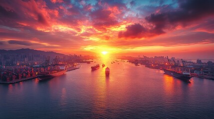 Fototapeta premium A vibrant sunset over a busy harbor filled with ships and containers.