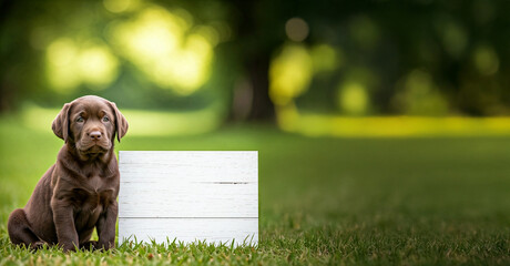 Labrador Welpe neben weißem Schild im Park