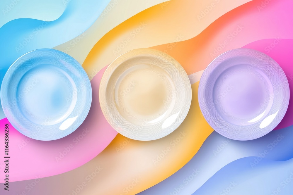 Poster three empty plates on a colorful background