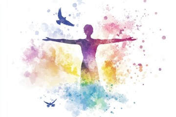 Fototapeta premium A person stands confidently with their arms extended, interacting with a bird