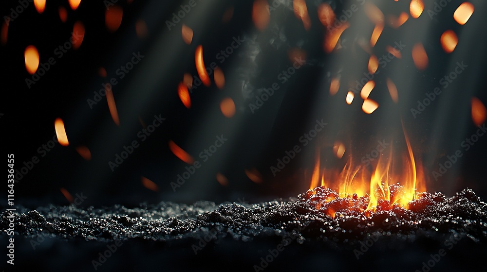 Poster a zoomed-in photo of a blazing inferno in a dimly lit space with rays emanating from behind it