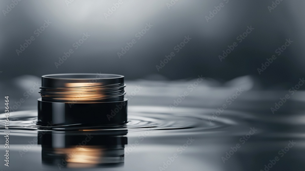 Poster black container sits on top of table next to water puddle with light above