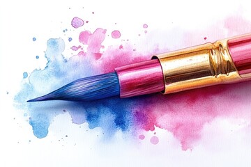 A detailed view of a paint brush used for watercolor painting, with wet bristles and a handle