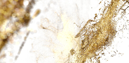 Sparkling gold glitter on white background. Luxury texture. Festive backdrop.
