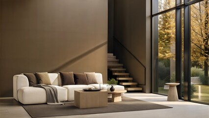 Minimalist, japandi home interior design of modern living room. modern decor with Pantone 2025 Colour of the Year Mocha Mousse
