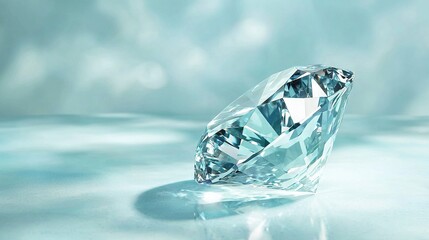   A close-up of a diamond on a blue surface with a blurry sky in the background, and a reflection of the diamond on the ground