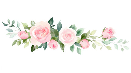 Fototapeta premium Watercolor Floral Corner Bouquet Frame with Pink Roses and Greenery for Elegant Designs, PNG Transparent Background