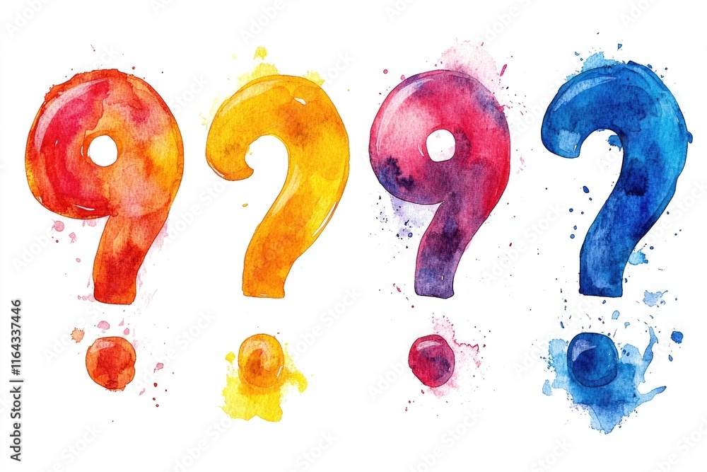 Poster a beautiful watercolor image featuring multiple question marks painted in various colors