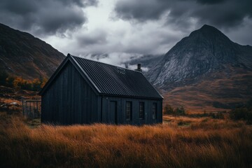 Obraz premium Dark clouds loom over a solitary black cabin in a mountainous landscape during the late afternoon