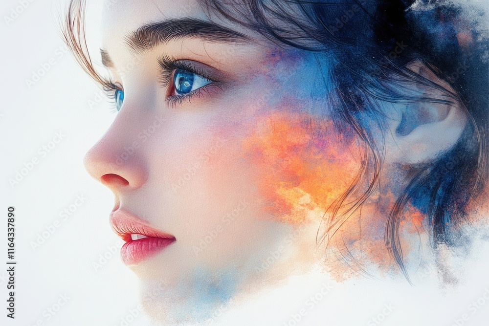 Poster a close-up shot of a woman's face with a cloudy sky in the background, great for use in various them