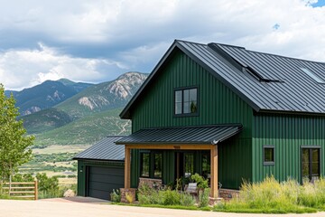 Fototapeta premium Modern green mountain house with scenic views in the countryside landscape