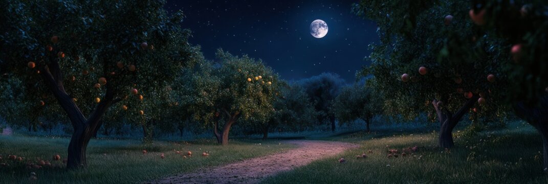 Moonlit Orchard Path Night Scene With Fruit Trees