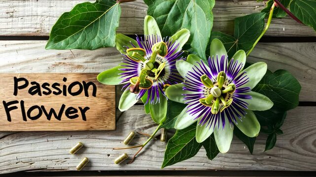 Passionflower flowers capsules supplements on the table. Selective focus. nature.