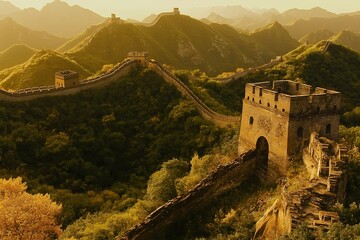 Stone Wall Winding Through Rolling Hills Under Sunlight
