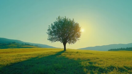 Green grass field lawn with tree and yellow sunlight against blue sky. Green Meadows Beautiful Journey Through Nature Great as a background, web banner