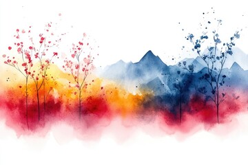 Obraz premium Watercolor illustration of trees and mountains, great for travel or nature-themed designs