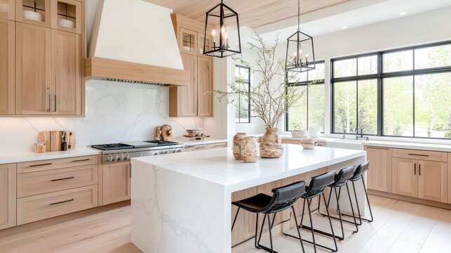 Modern kitchen featuring natural wood cabinets, white marble countertops, and unique pottery decor in a bright, airy space