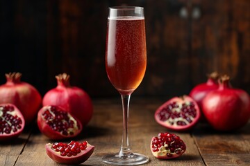 Tintoretto Cocktail with Pomegranate Seeds on Rustic Wood